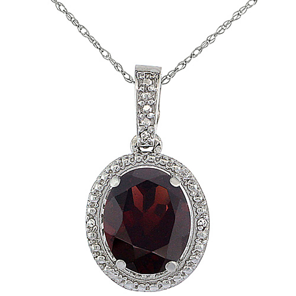 10K White Gold 0.09 cttw Diamond Natural Garnet Pendant Oval 10x8 mm