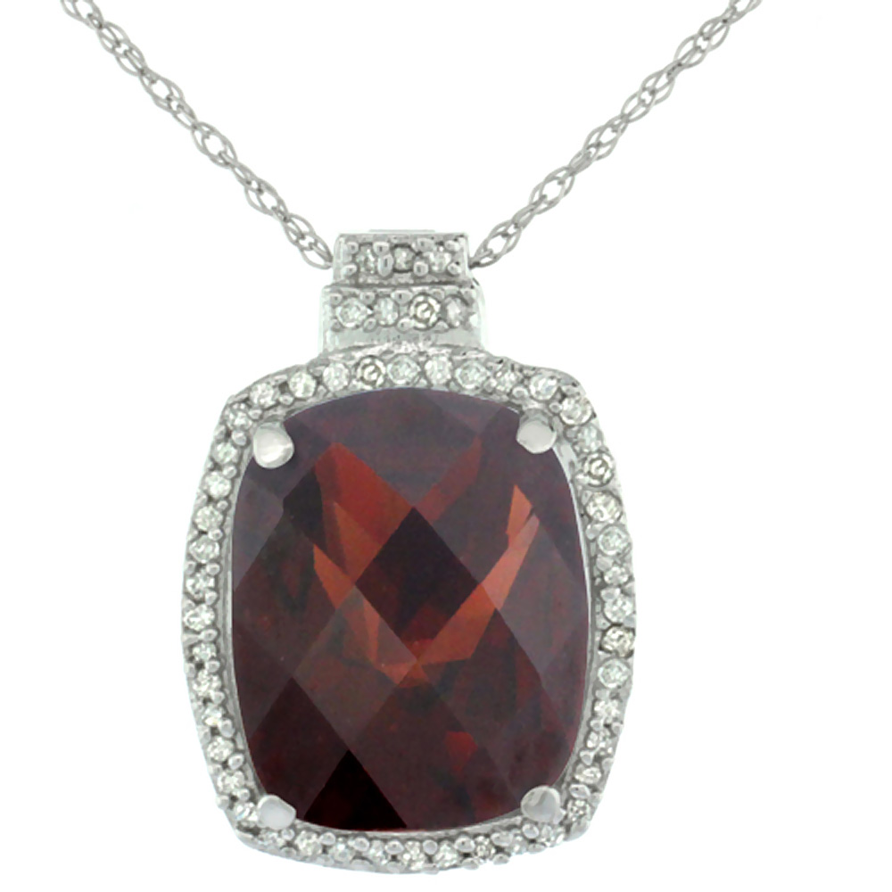 10K White Gold 0.20 cttw Diamond Natural Garnet Pendant Octagon Cushion 11x9 mm