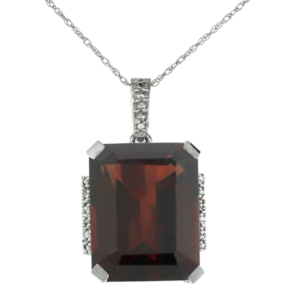 10K WHITE GOLD NATURAL GARNET PENDANT OCTAGON 16X12 MM & DIAMOND ACCENTS