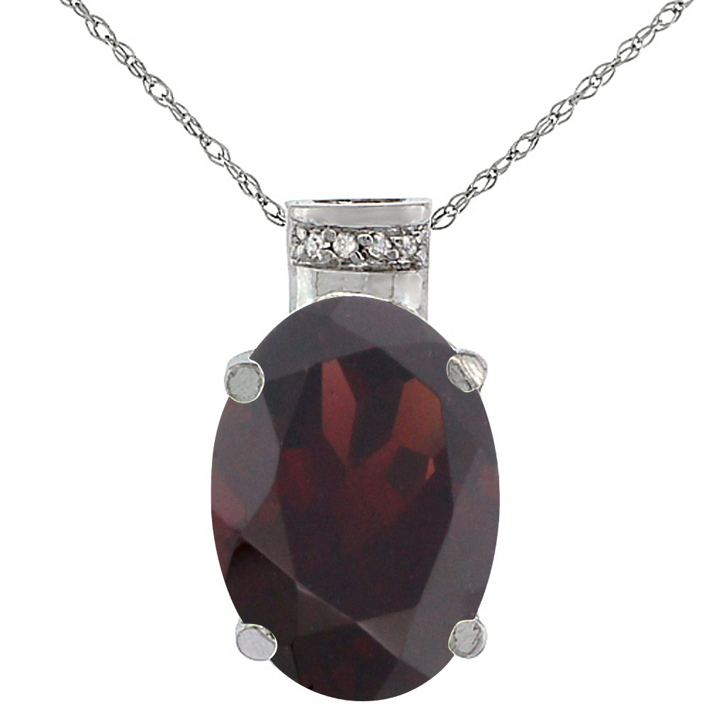 10K White Gold Diamond Natural Garnet Pendant Oval 14x10 mm