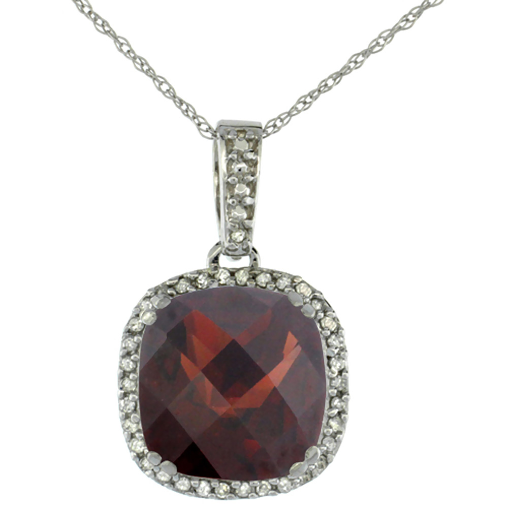 10k White Gold Diamond Halo Natural Garnet Necklace Cushion Shaped 10x10mm, 18 inch long