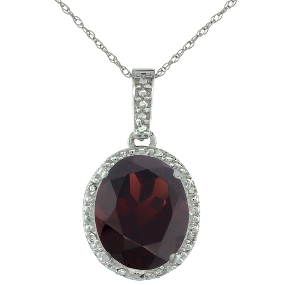 10K WHITE GOLD DIAMOND HALO NATURAL GARNET NECKLACE OVAL 12X10 MM, 18 INCH LONG