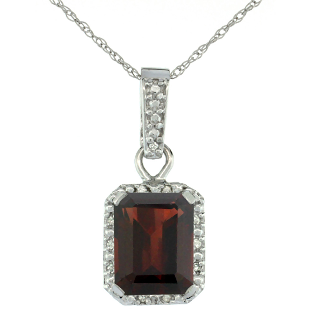 10K WHITE GOLD NATURAL GARNET PENDANT OCTAGON 8X6 MM & DIAMOND ACCENTS