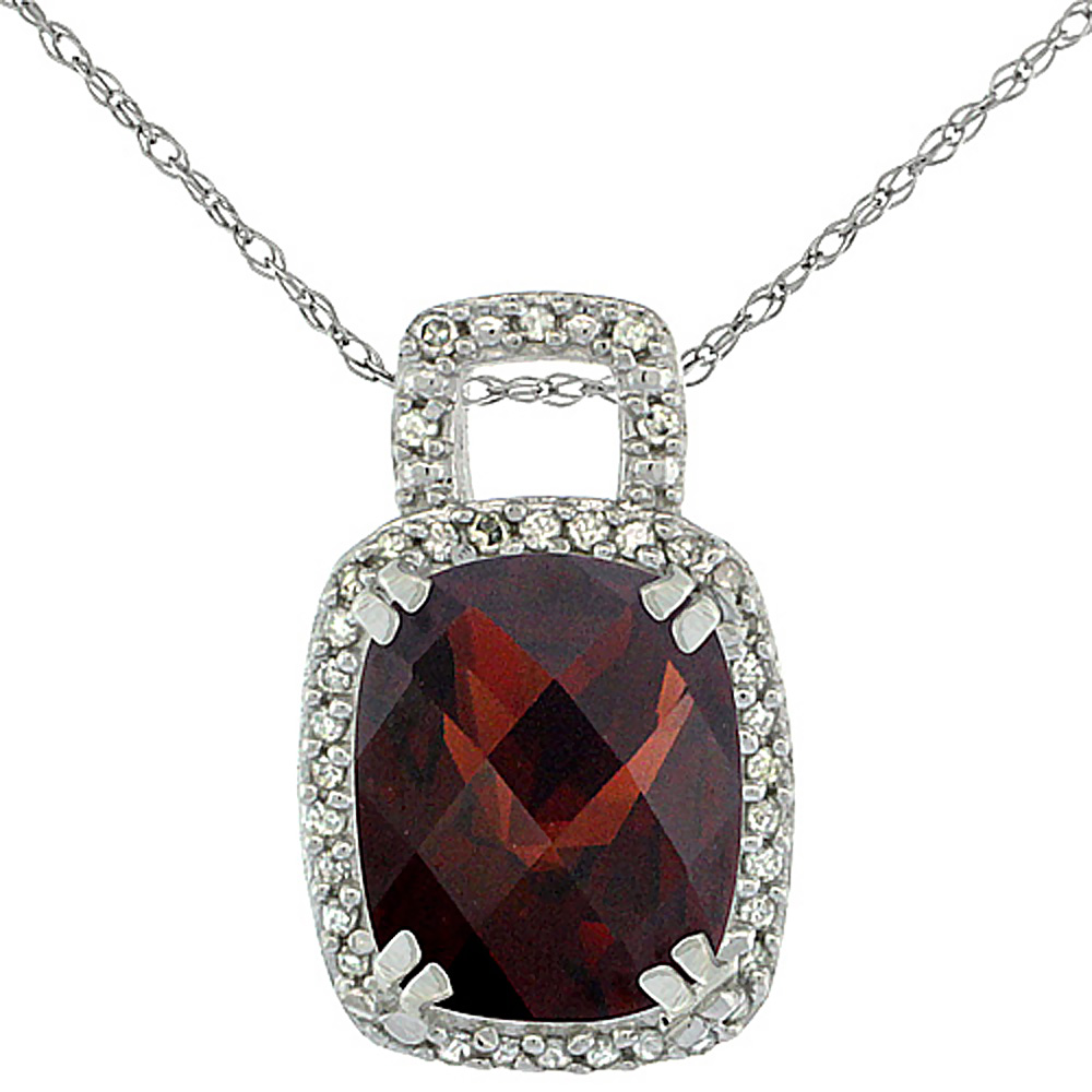 10K White Gold Natural Garnet Pendant Octagon Cushion 10x8 mm &amp; Diamond Accents