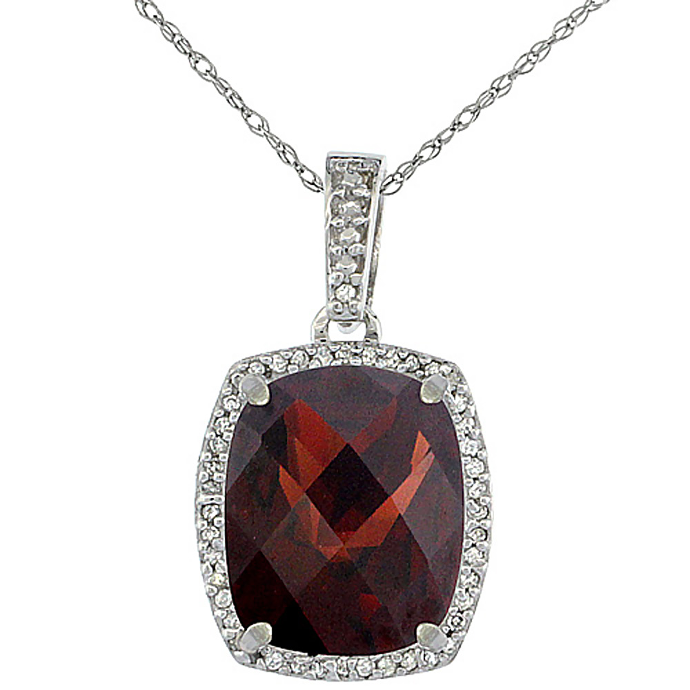 10K White Gold Natural Garnet Pendant Octagon Cushion 12x10 mm