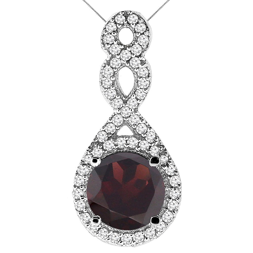14K White Gold Natural Garnet Eternity Pendant Round 7x7mm with 18 inch Gold Chain