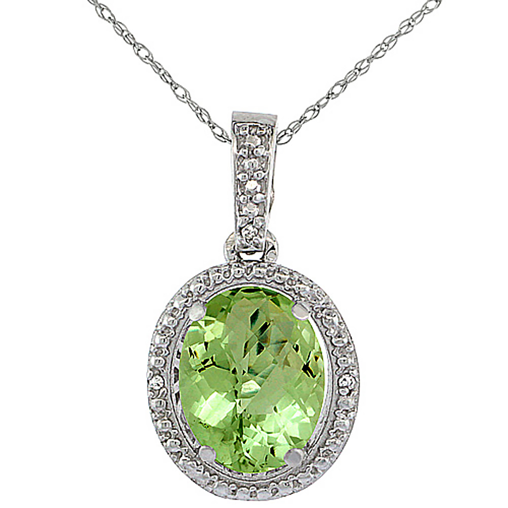 10K White Gold 0.09 cttw Diamond Natural Peridot Pendant Oval 10x8 mm