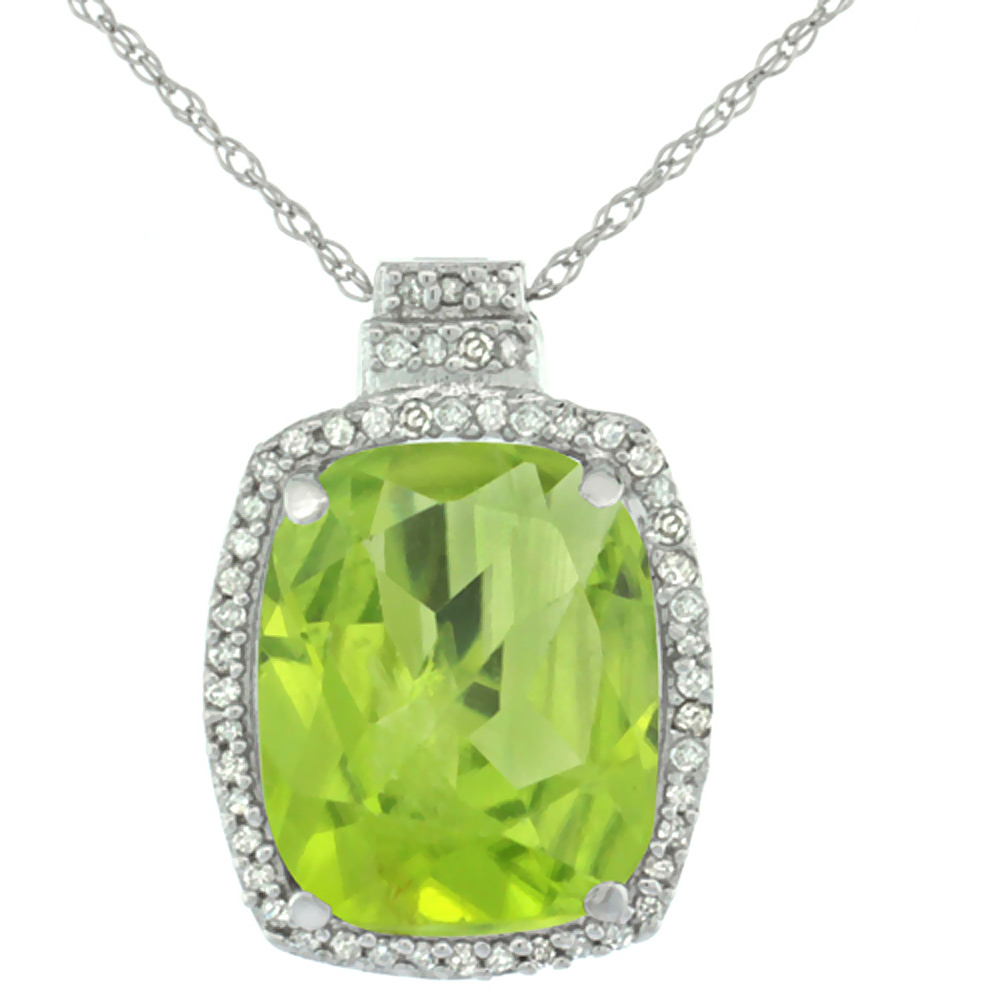 10K White Gold 0.20 cttw Diamond Natural Peridot Pendant Octagon Cushion 11x9 mm