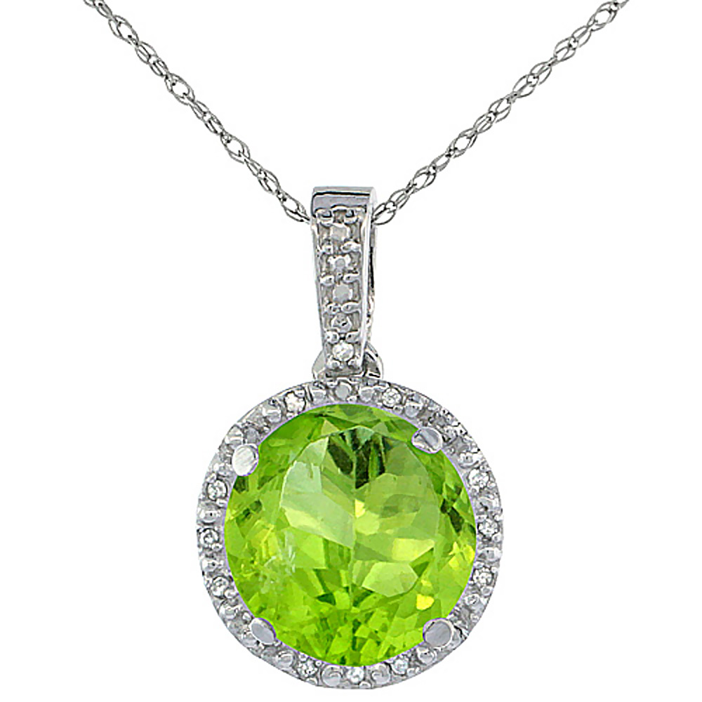 10K White Gold 0.03 cttw Diamond Natural Peridot Pendant Round 11x11 mm