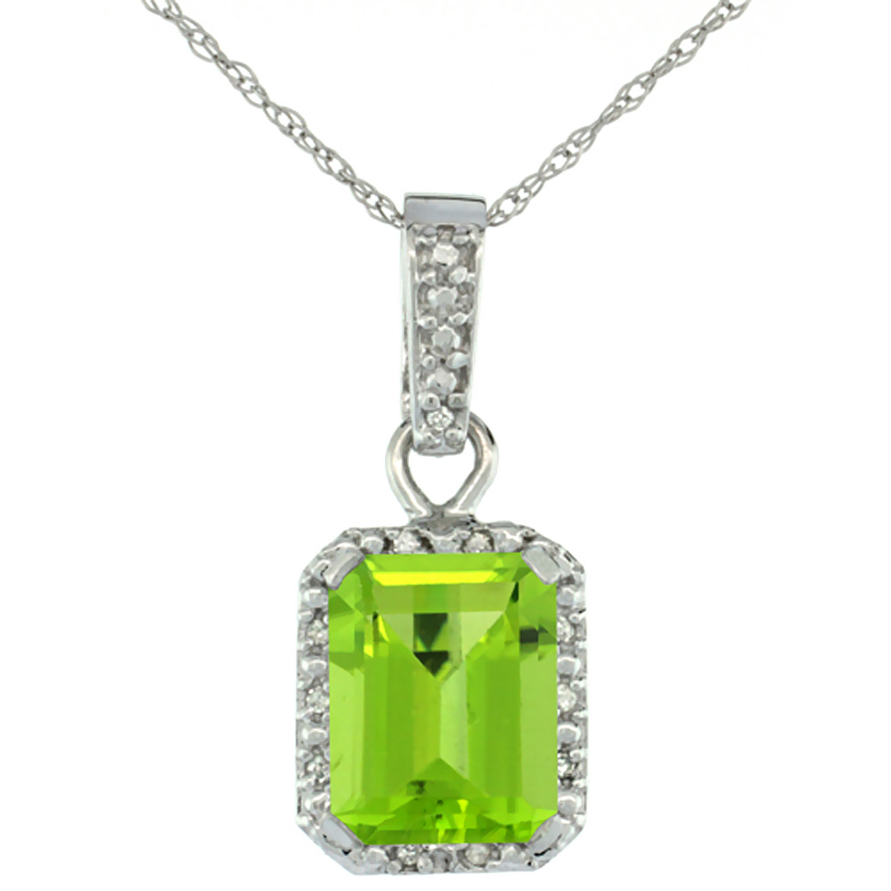 10K White Gold Natural Peridot Pendant Octagon 8x6 mm & Diamond Accents