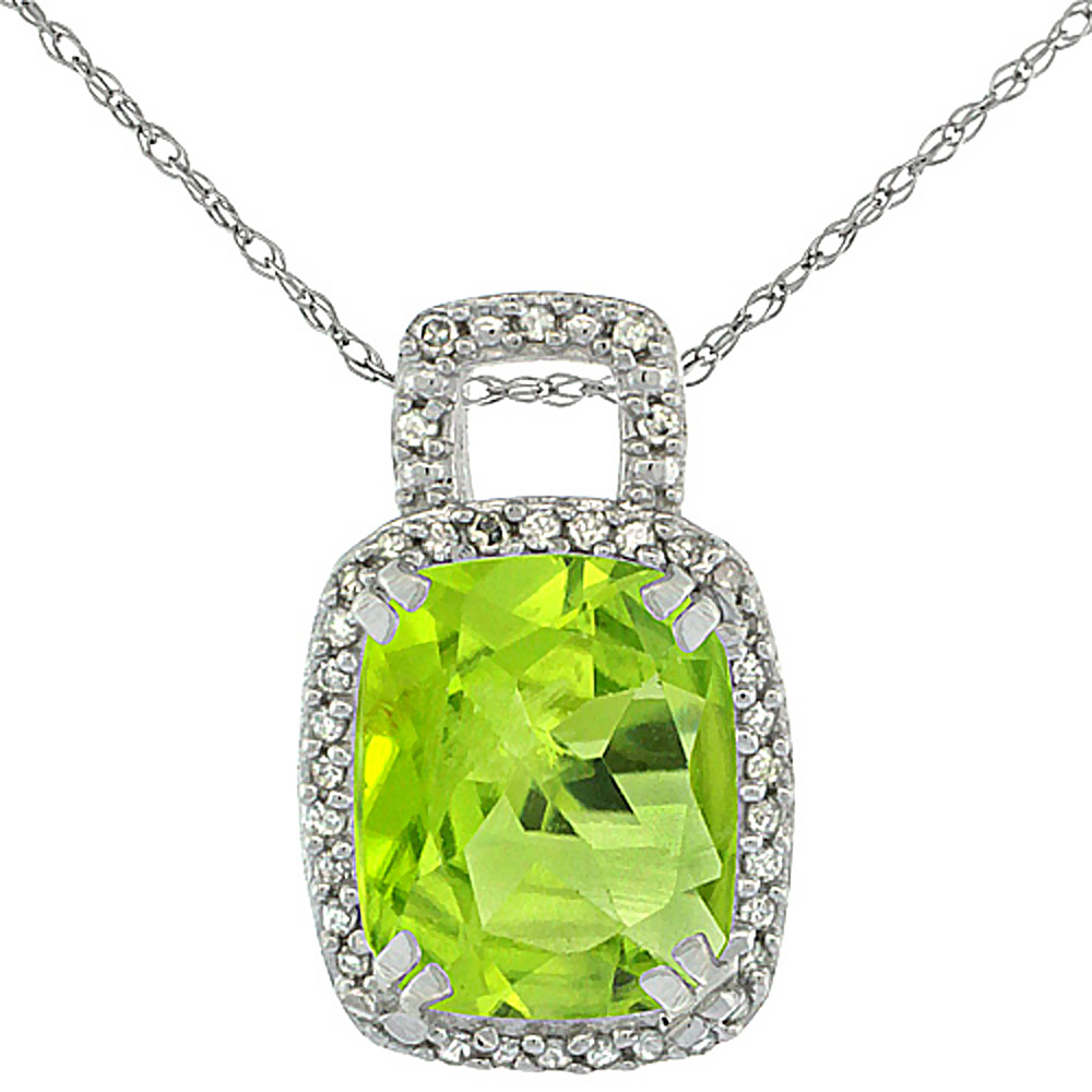 10K White Gold Natural Peridot Pendant Octagon Cushion 10x8 mm &amp; Diamond Accents