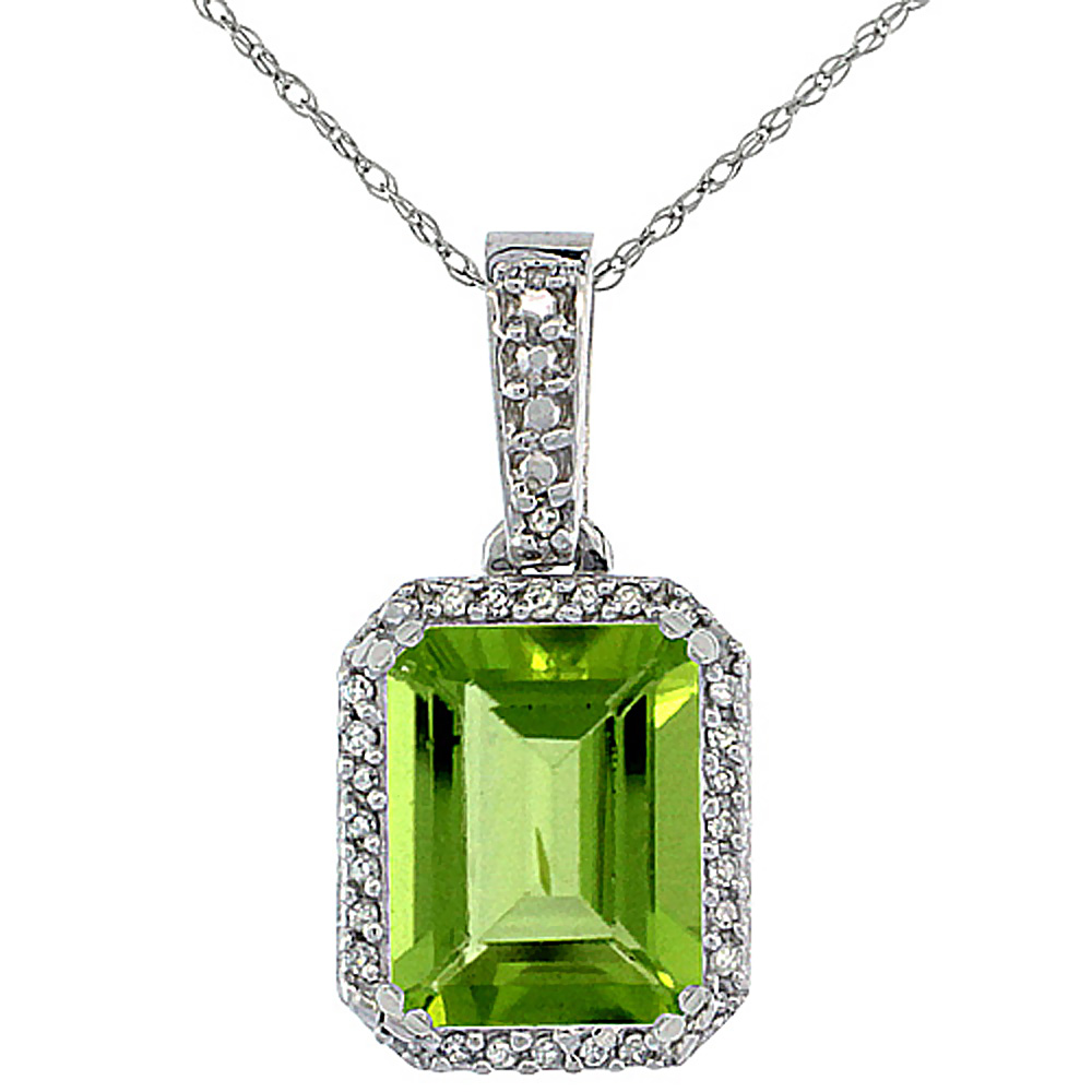 10K White Gold Diamond Natural Peridot Pendant Octagon 9x7 mm