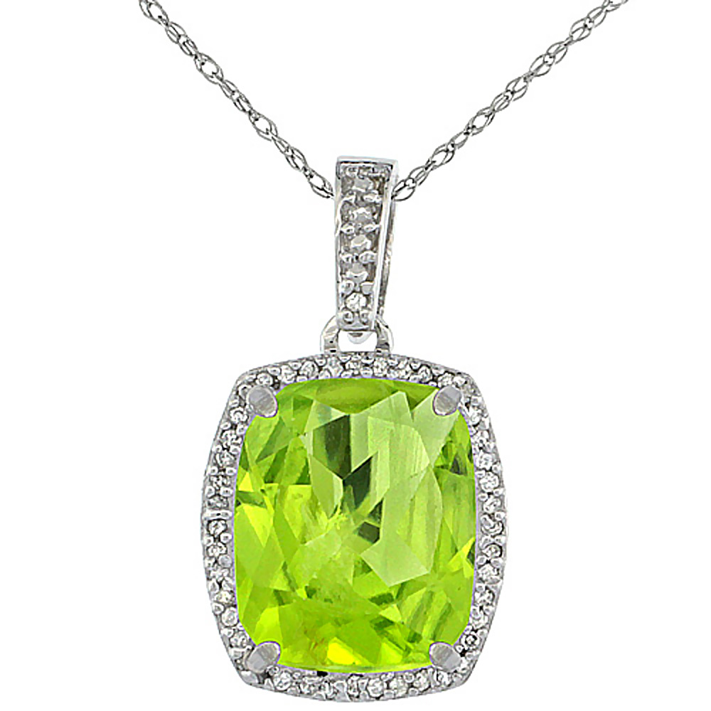 10K White Gold Natural Peridot Pendant Octagon Cushion 12x10 mm