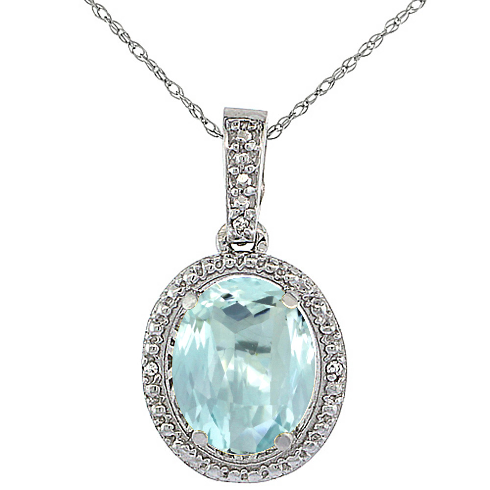 10K White Gold 0.09 cttw Diamond Natural Aquamarine Pendant Oval 10x8 mm