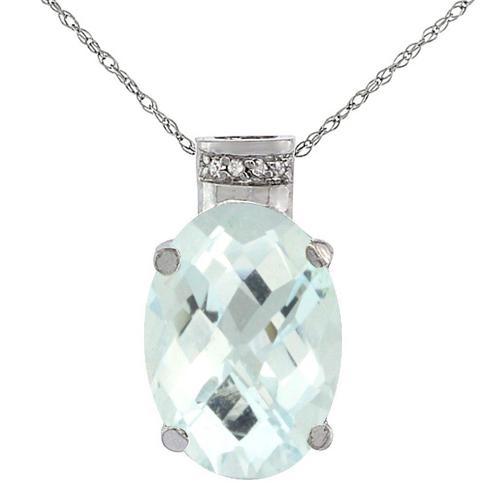 10K WHITE GOLD DIAMOND NATURAL AQUAMARINE PENDANT OVAL 14X10 MM