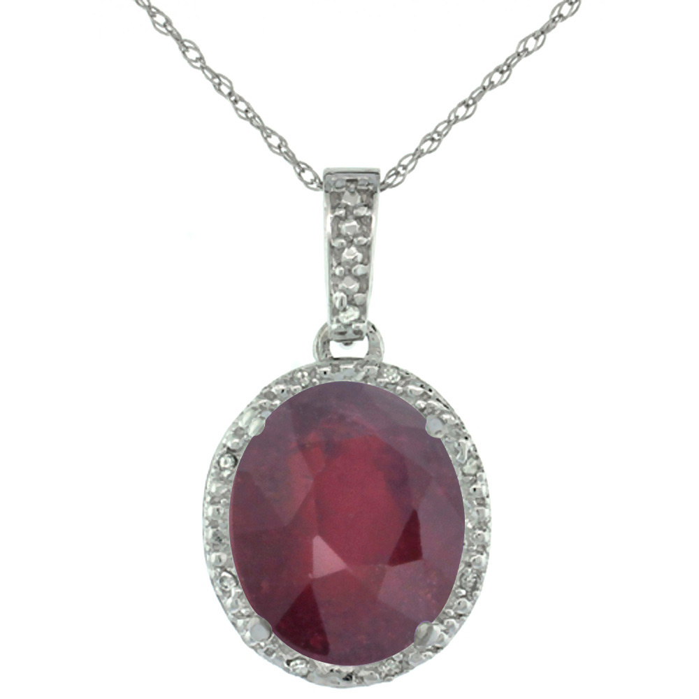 10K WHITE GOLD DIAMOND HALO ENHANCED GENUINE RUBY NECKLACE OVAL 12X10 MM, 18 INCH LONG