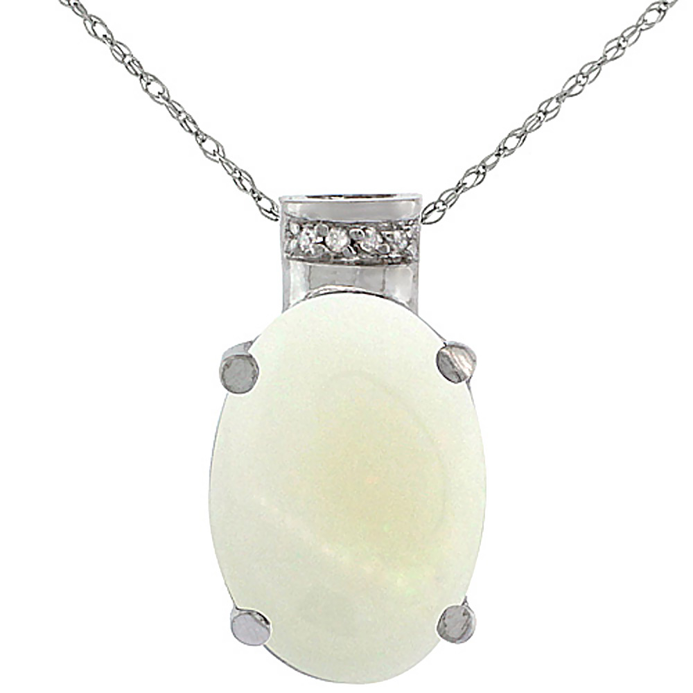 10K WHITE GOLD DIAMOND NATURAL OPAL PENDANT OVAL 14X10 MM
