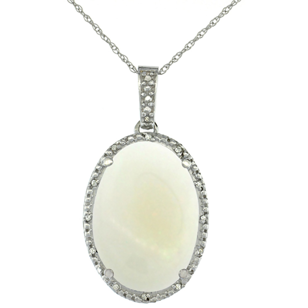 10K White Gold Diamond Natural Opal Pendant Oval 18x13 mm