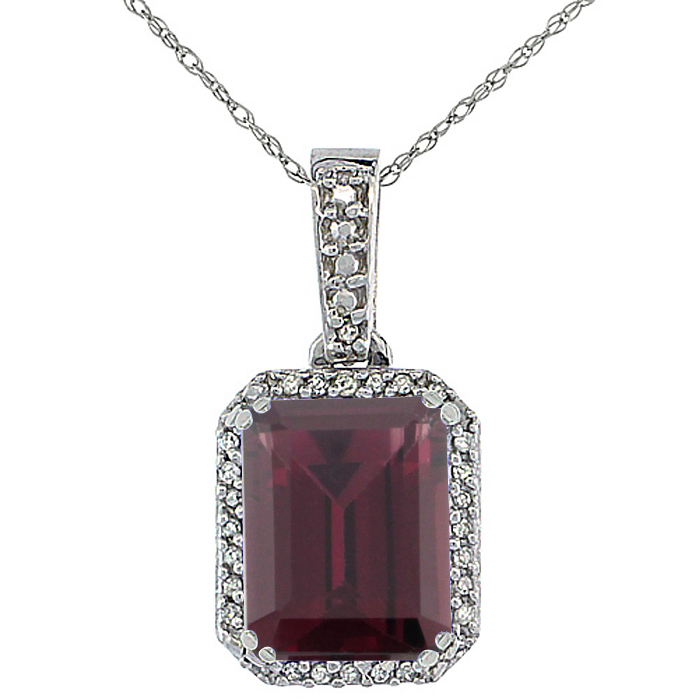 10K WHITE GOLD DIAMOND NATURAL RHODOLITE PENDANT OCTAGON 9X7 MM