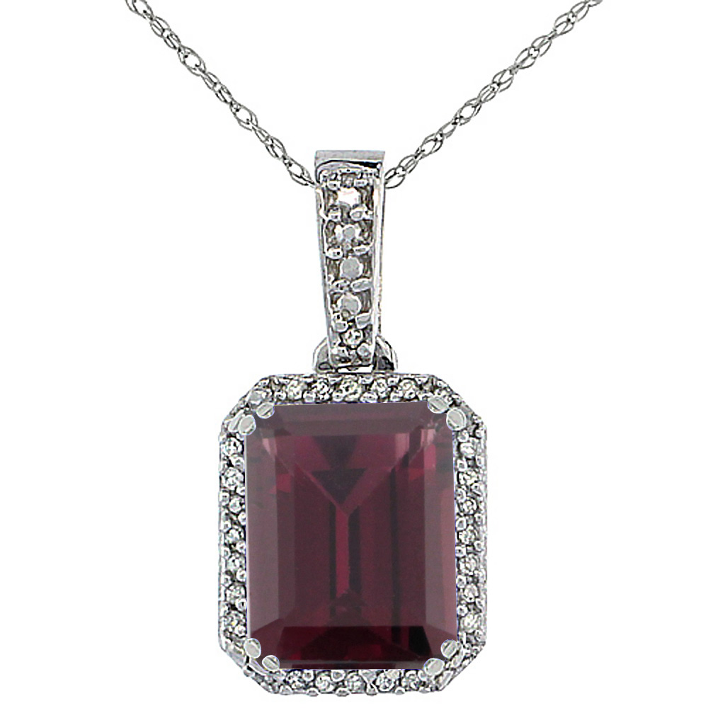 10K White Gold Diamond Natural Rhodolite Pendant Octagon 9x7 mm