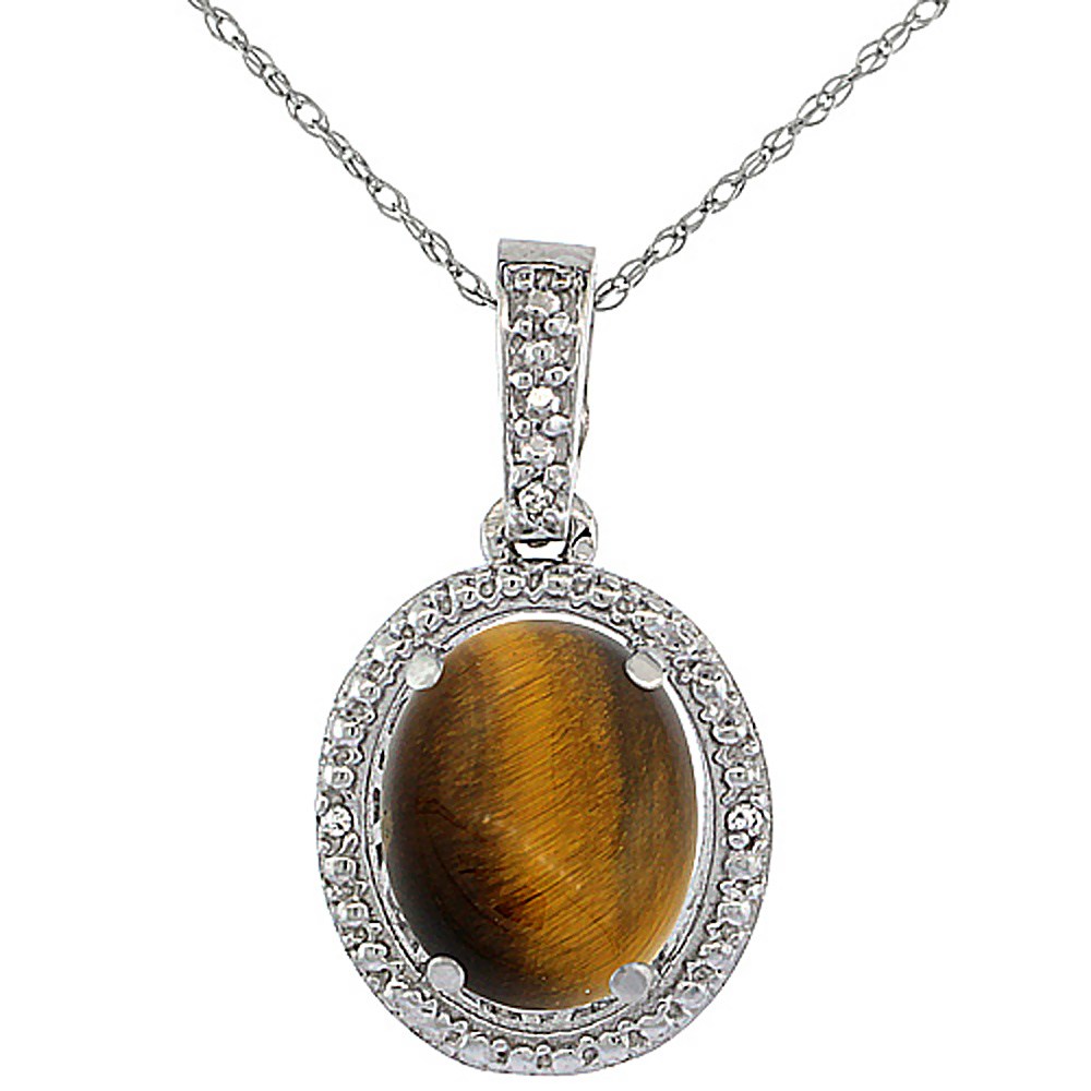 10K WHITE GOLD 0.09 CTTW DIAMOND NATURAL TIGER EYE PENDANT OVAL 10X8 MM