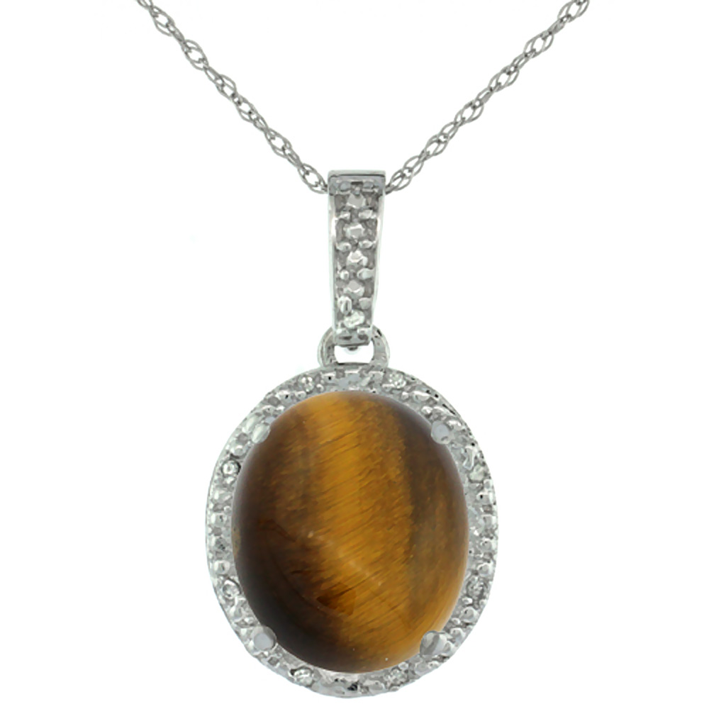 10K White Gold Diamond Halo Natural Tiger Eye Necklace Oval 12x10 mm, 18 inch long