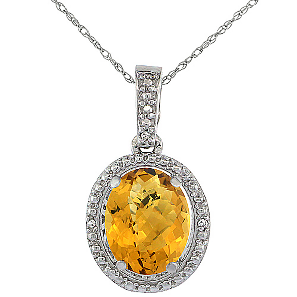 10K WHITE GOLD 0.09 CTTW DIAMOND NATURAL WHISKY QUARTZ PENDANT OVAL 10X8 MM
