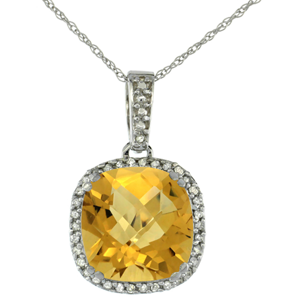 10k White Gold Diamond Halo Natural Whisky Quartz Necklace Cushion Shaped 10x10mm, 18 inch long