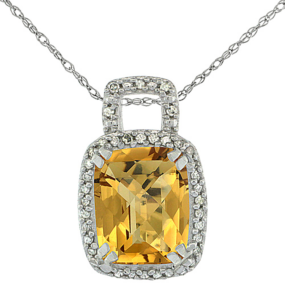 10K WHITE GOLD NATURAL WHISKY QUARTZ PENDANT OCTAGON CUSHION 10X8 MM & DIAMOND ACCENTS