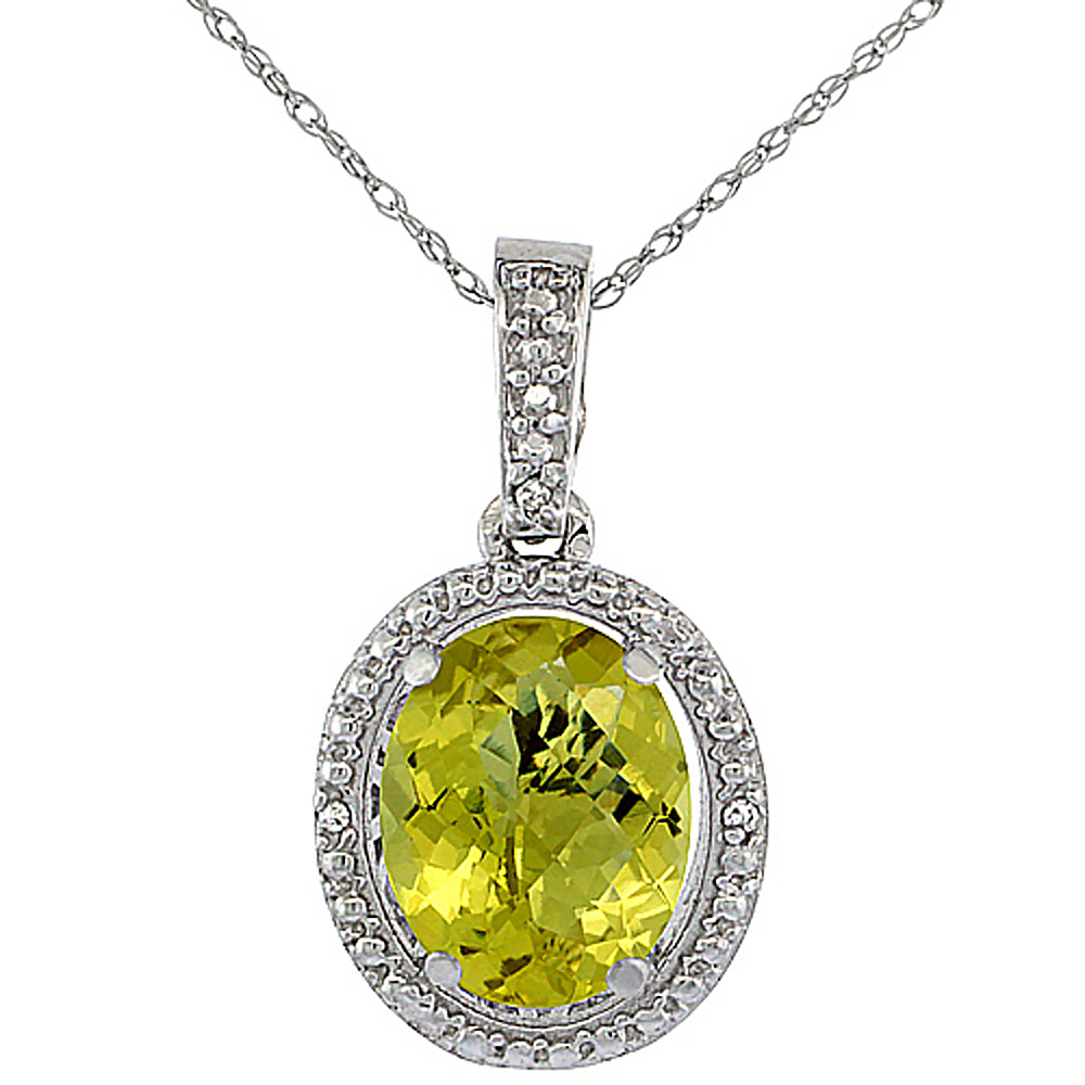 10K WHITE GOLD 0.09 CTTW DIAMOND NATURAL LEMON QUARTZ PENDANT OVAL 10X8 MM