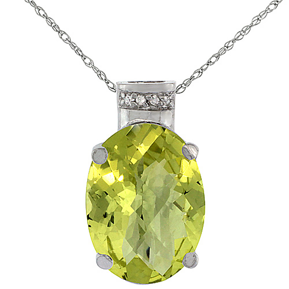 10K WHITE GOLD DIAMOND NATURAL LEMON QUARTZ PENDANT OVAL 14X10 MM