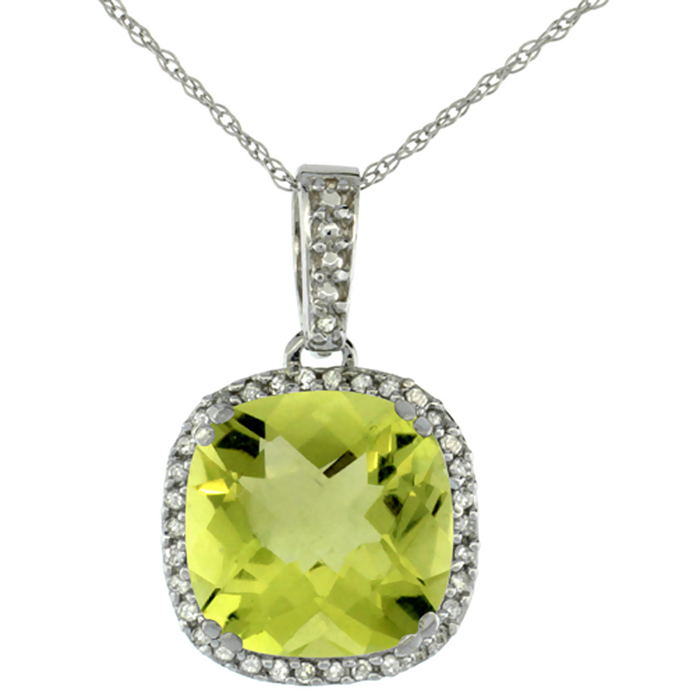 10k White Gold Diamond Halo Natural Lemon Quartz Necklace Cushion Shaped 10x10mm, 18 inch long