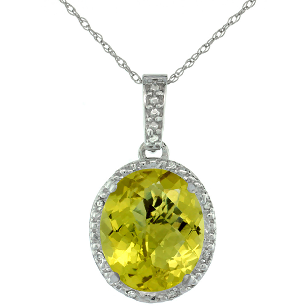 10K White Gold Diamond Halo Natural Lemon Quartz Necklace Oval 12x10 mm, 18 inch long