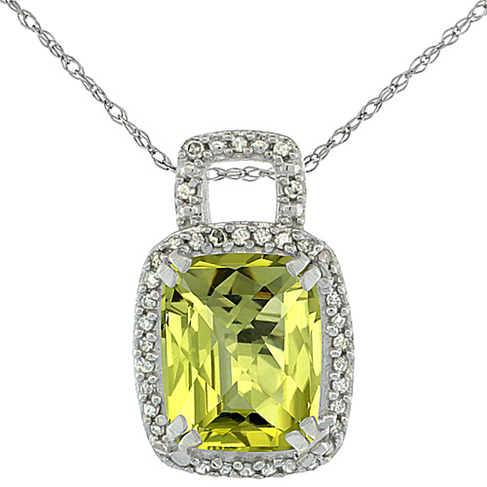 10K WHITE GOLD NATURAL LEMON QUARTZ PENDANT OCTAGON CUSHION 10X8 MM & DIAMOND ACCENTS