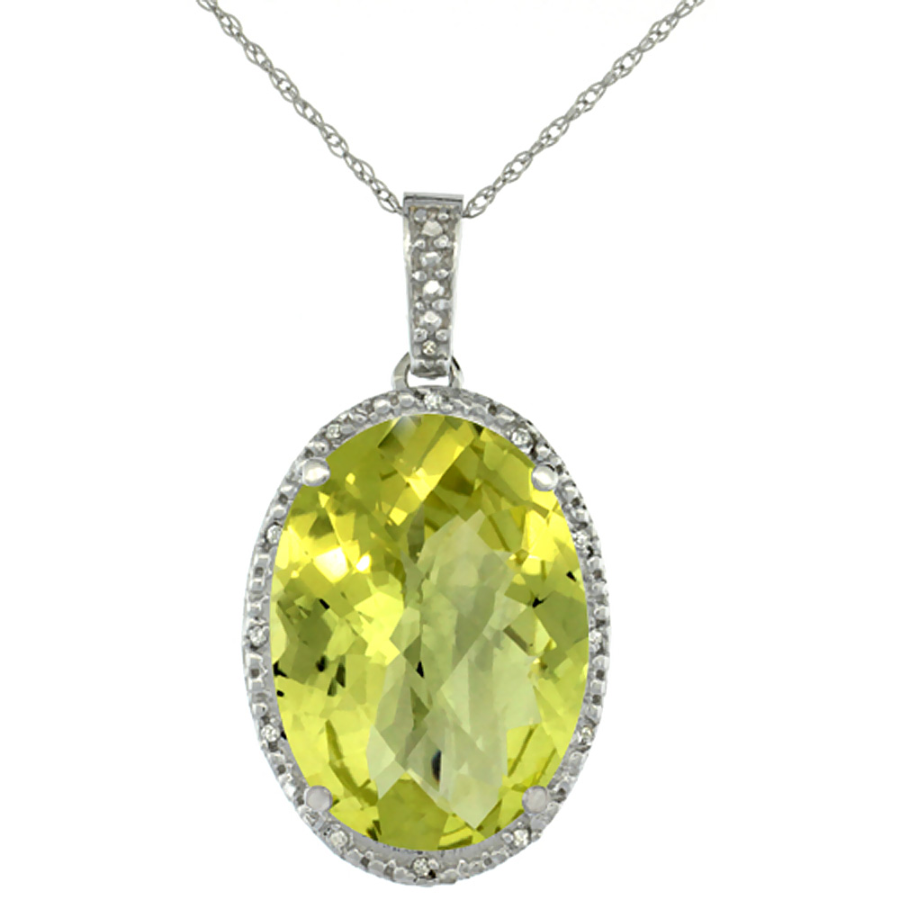 10K White Gold Diamond Natural Lemon Quartz Pendant Oval 18x13 mm