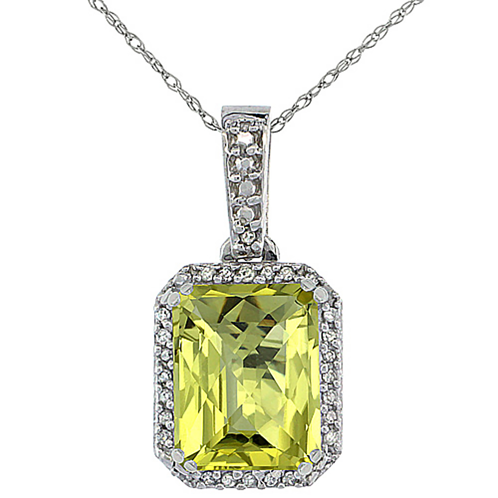 10K WHITE GOLD DIAMOND NATURAL LEMON QUARTZ PENDANT OCTAGON 9X7 MM
