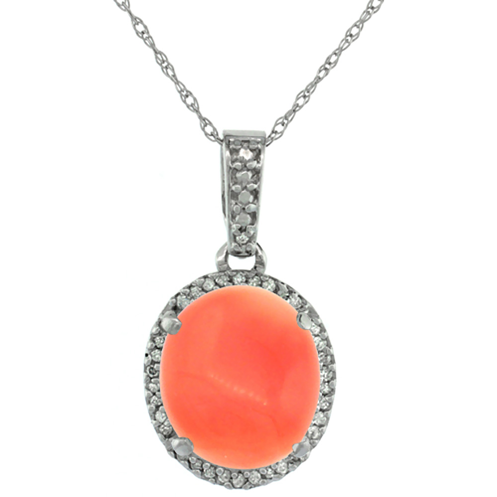10K WHITE GOLD NATURAL CORAL PENDANT OVAL 11X9 MM