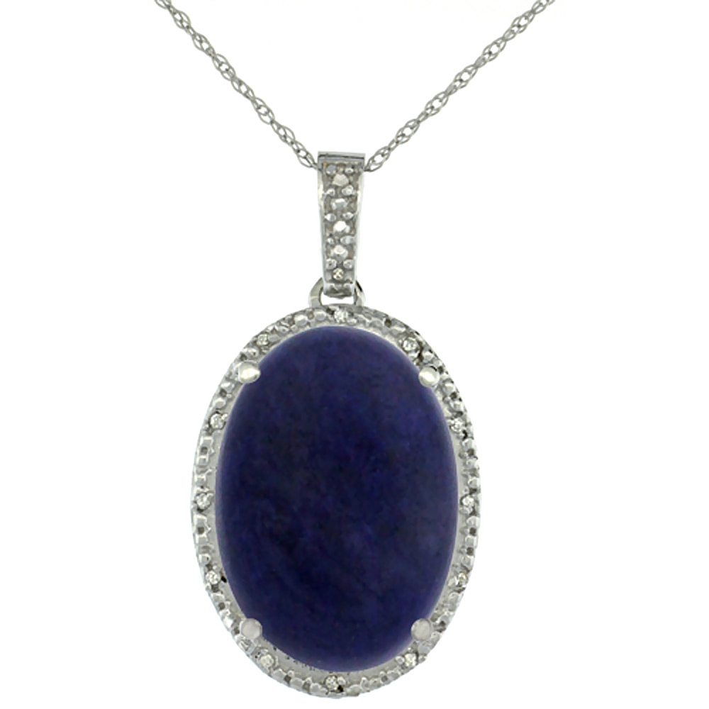 10K WHITE GOLD DIAMOND NATURAL LAPIS PENDANT OVAL 18X13 MM