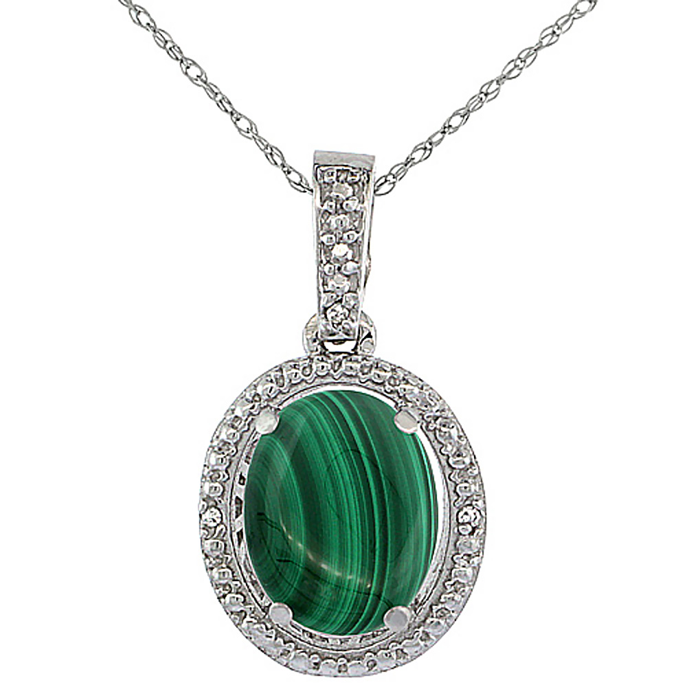 10K White Gold 0.09 cttw Diamond Natural Malachite Pendant Oval 10x8 mm