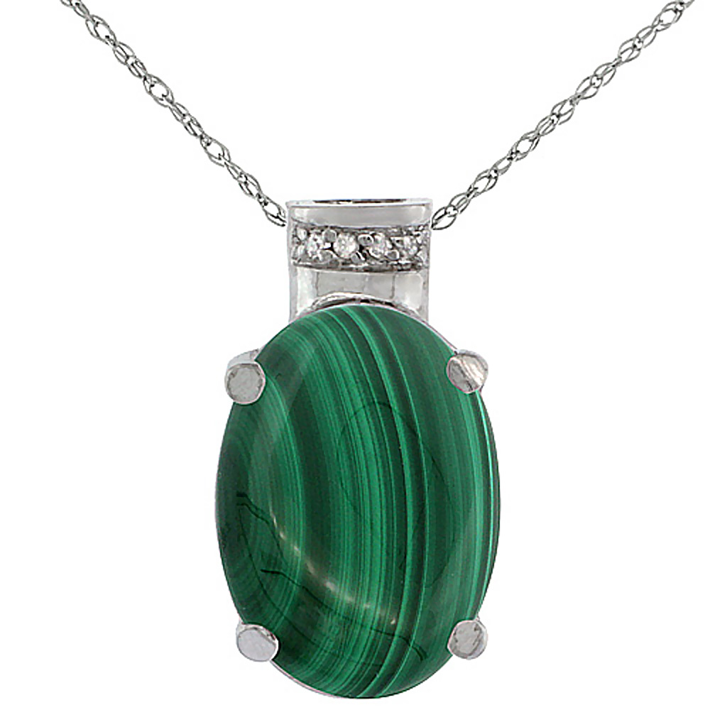 10K WHITE GOLD DIAMOND NATURAL MALACHITE PENDANT OVAL 14X10 MM