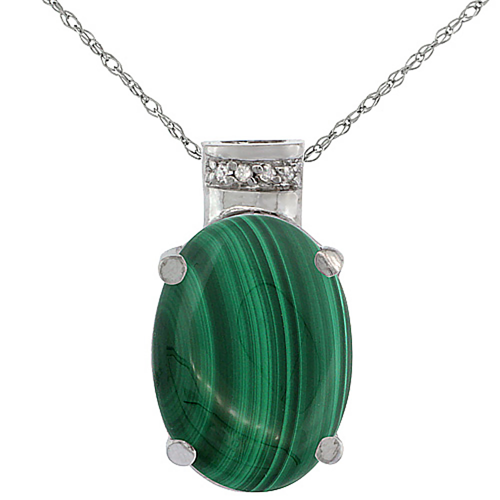 10K White Gold Diamond Natural Malachite Pendant Oval 14x10 mm