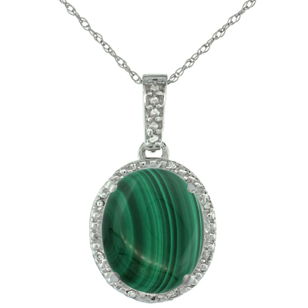 10K White Gold Diamond Halo Natural Malachite Necklace Oval 12x10 mm, 18 inch long