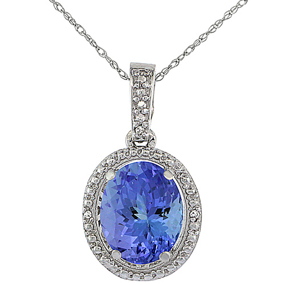 10K WHITE GOLD 0.09 CTTW DIAMOND NATURAL TANZANITE PENDANT OVAL 10X8 MM