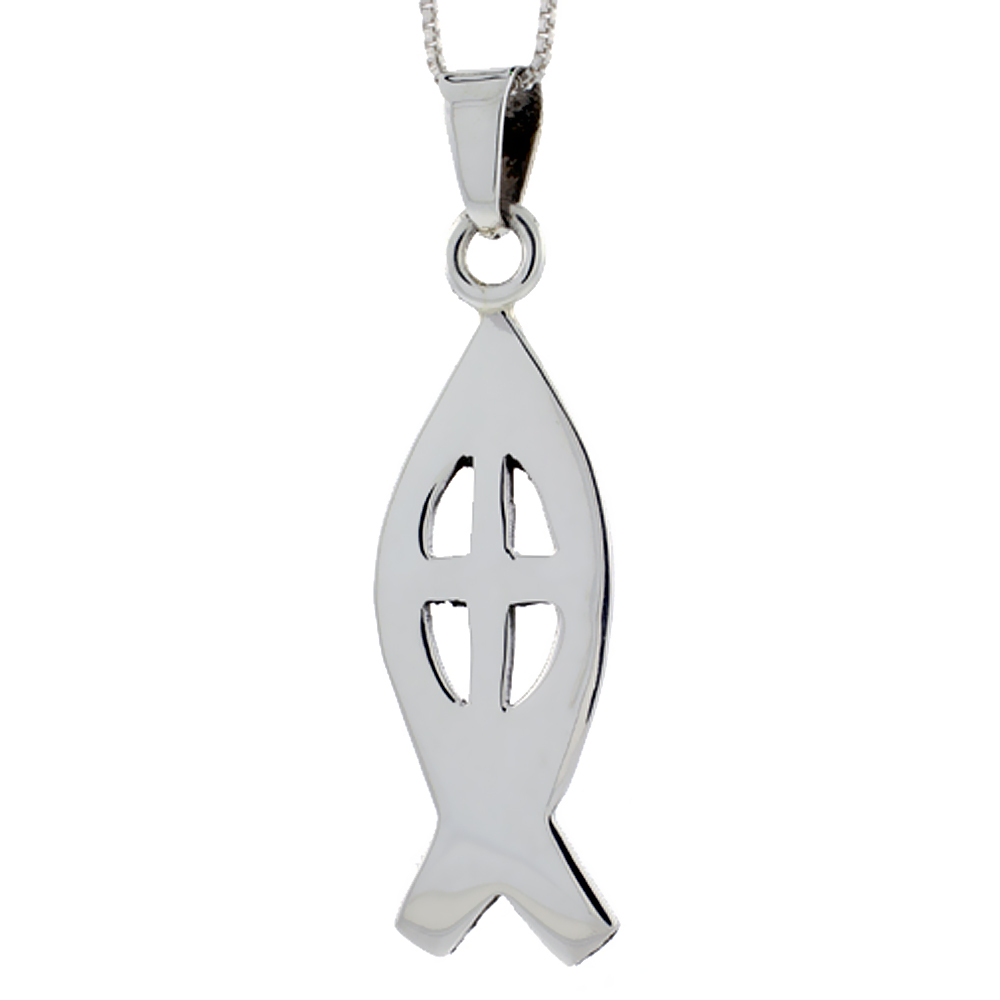 STERLING SILVER CHRISTIAN FISH ICHTHYS PENDANT HIGHLY POLISHED HANDMADE, 1 5/8 INCH