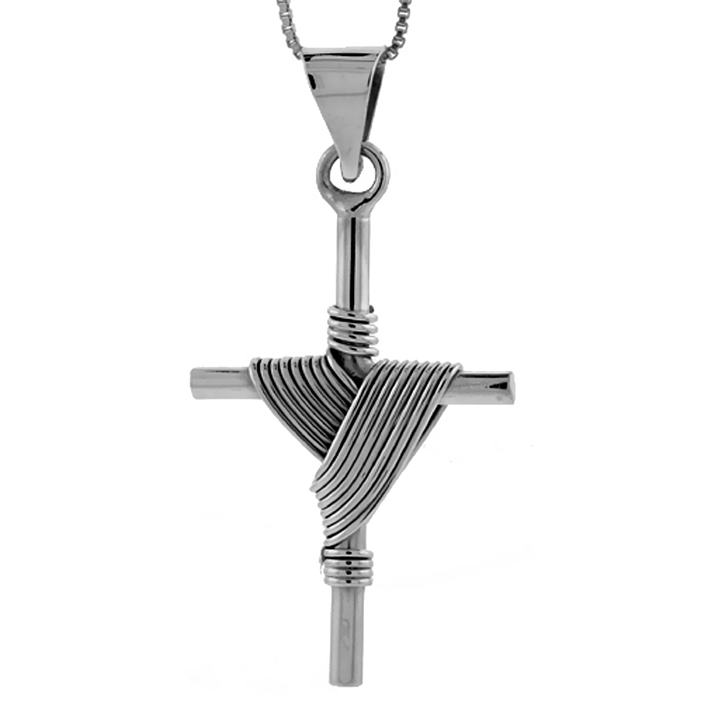 STERLING SILVER WIRE WRAPPED TUBE CROSS PENDANT HANDMADE, 1 5/8 INCH