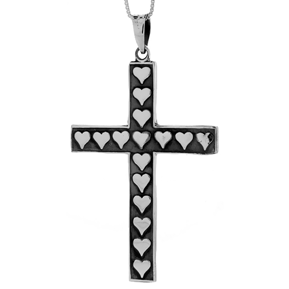 STERLING SILVER LARGE HEART CROSS PENDANT HANDMADE, 2 1/2 INCH