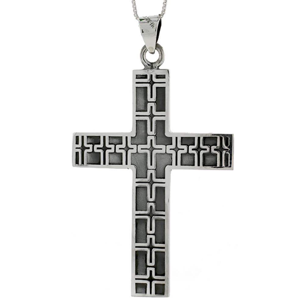 STERLING SILVER LARGE CROSS PENDANT W/ EMBOSSED CROSSES HANDMADE, 2 1/2 INCH