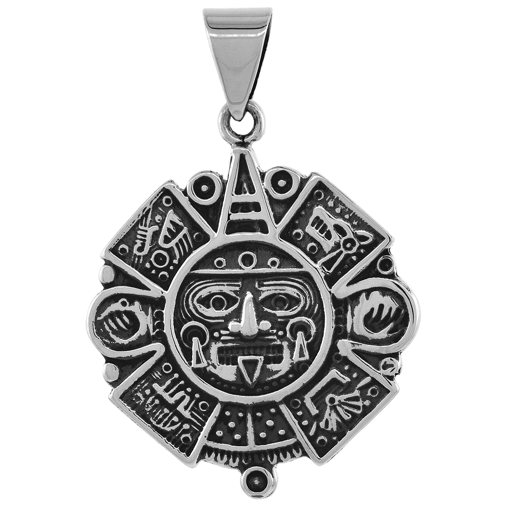 1 3/4 INCH STERLING SILVER AZTEC CALENDAR PENDANT FOR MEN AND WOMEN HANDMADE OXIDIZED FINISH