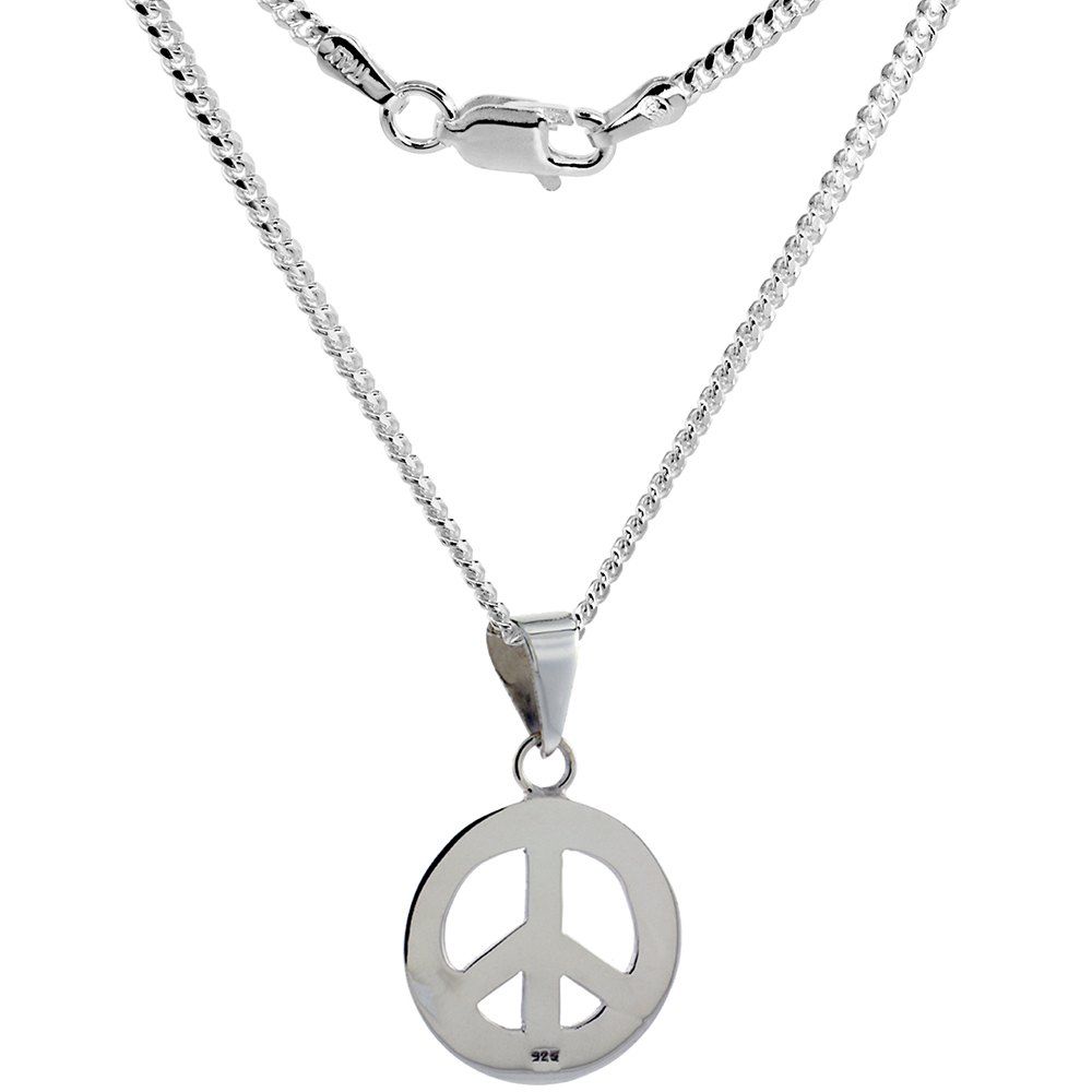 1 1/16 INCH STERLING SILVER PEACE SIGN NECKLACE HANDMADE 27MM ROUND WITH 2MM CUBAN LINK CHAIN