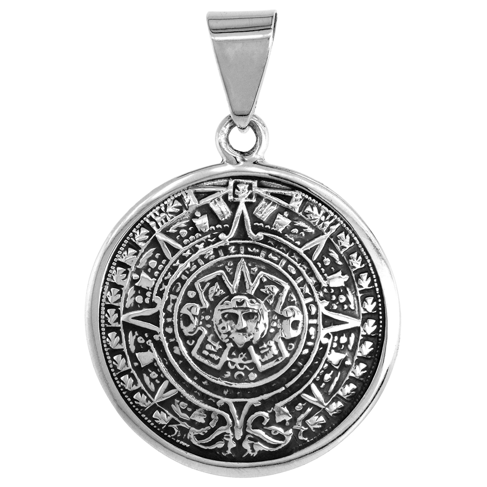STERLING SILVER AZTEC CALENDAR PENDANT HANDMADE, 1 1/4 INCH (30 MM)